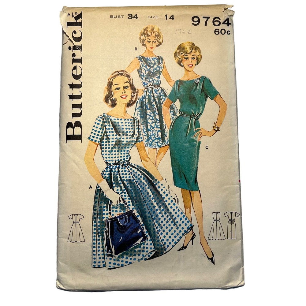 Butterick Vintage 1960's Pattern #9764 Shallow Neck Dress Size 14